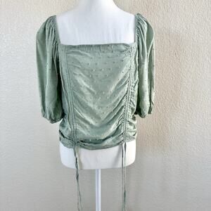 Vylette Sz XXL Green Smocked Crop Top - Puff Sleeve Peasant Cottagecore Blouse
